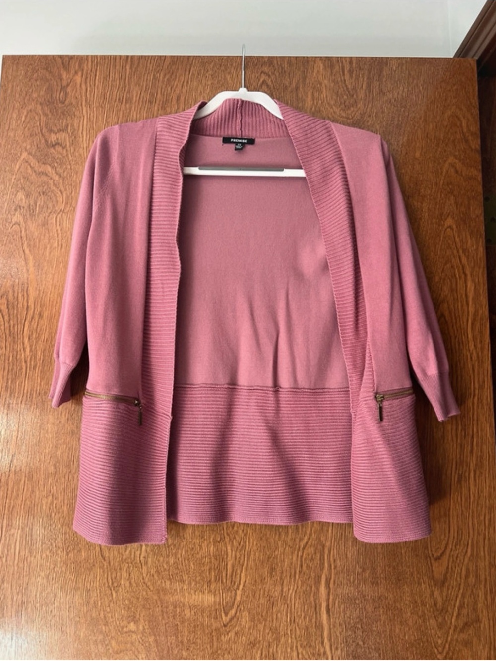 Pink 3/4 length sleeves Open Front Cardigan with Zipper Pockets